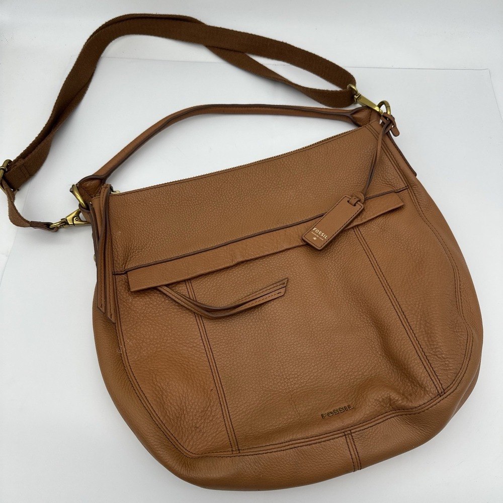 Fossil Genuine Leather Pebbled Brown Cognac Hobo Shoulder  Crossbody Bag 15x13